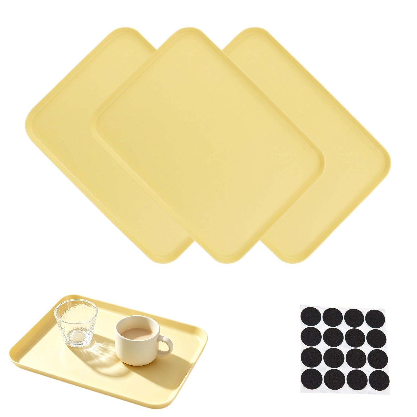 Fugytven 3 Pack Shallow Plastic Trays, Small Plastic Trays for Food Serving, Tea or Coffee, Multipurpose Serving Trays Dinner Food Tray Set with 16 Non-Slip Pads, 30.5 x 22 cm