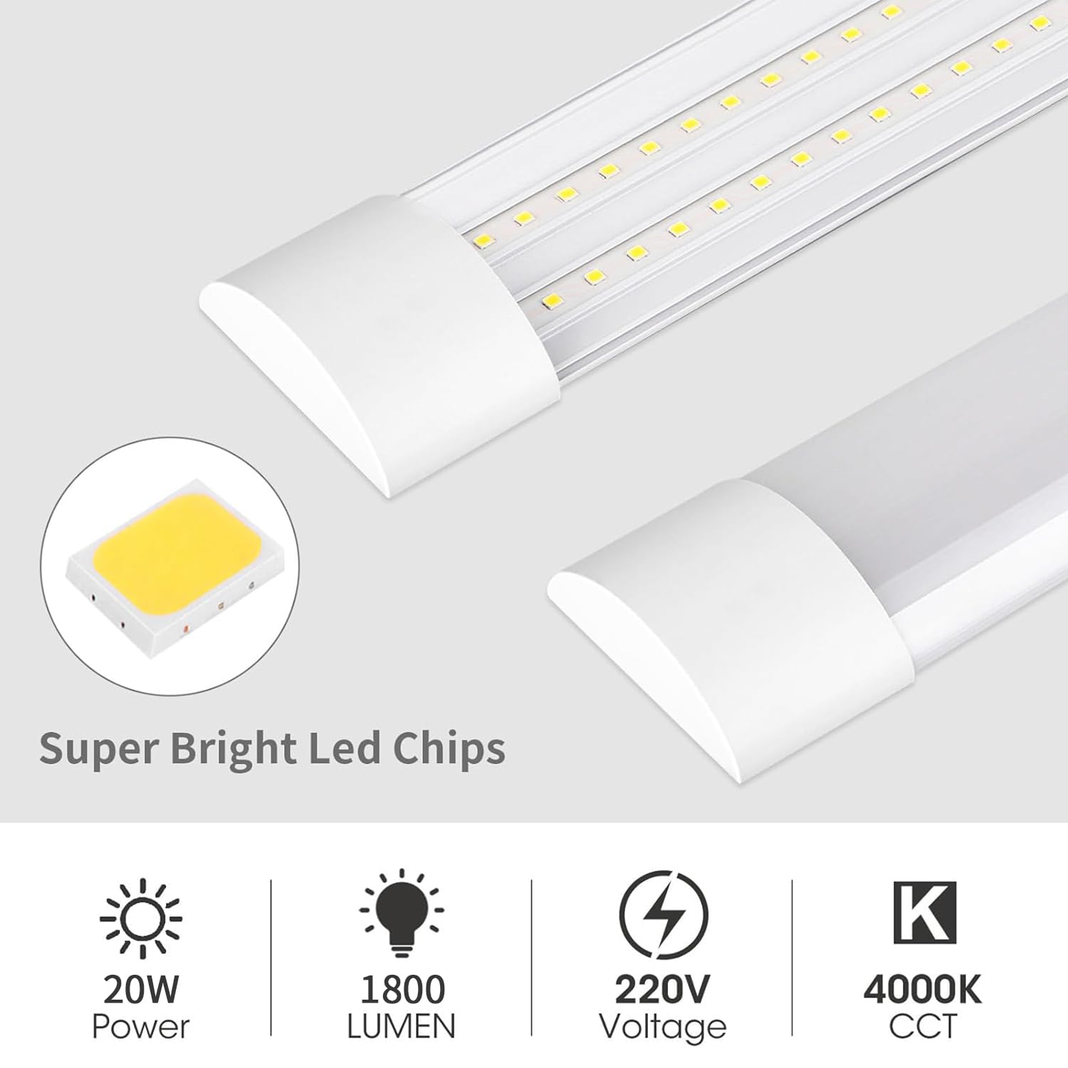 HUMIGA 2 Pack 2FT LED Batten Light, 20W 1800LM Slim Profile Wide Tube Lighting for Ceiling of Indoor Home Garage Shop Office - Image 3