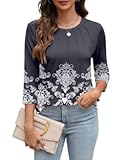 Womens Tops 3/4 Length Sleeve Round Neck Casual Loose Fit Tunic Tops Basic Pleated Shirts 2025