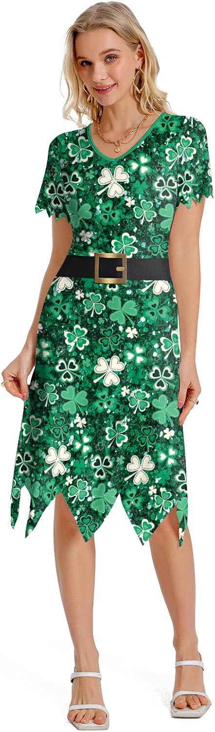 Women St Patricks Day Short Sleeve V Neck Dress Shamrock Printed Ugly Outfits - Image 2