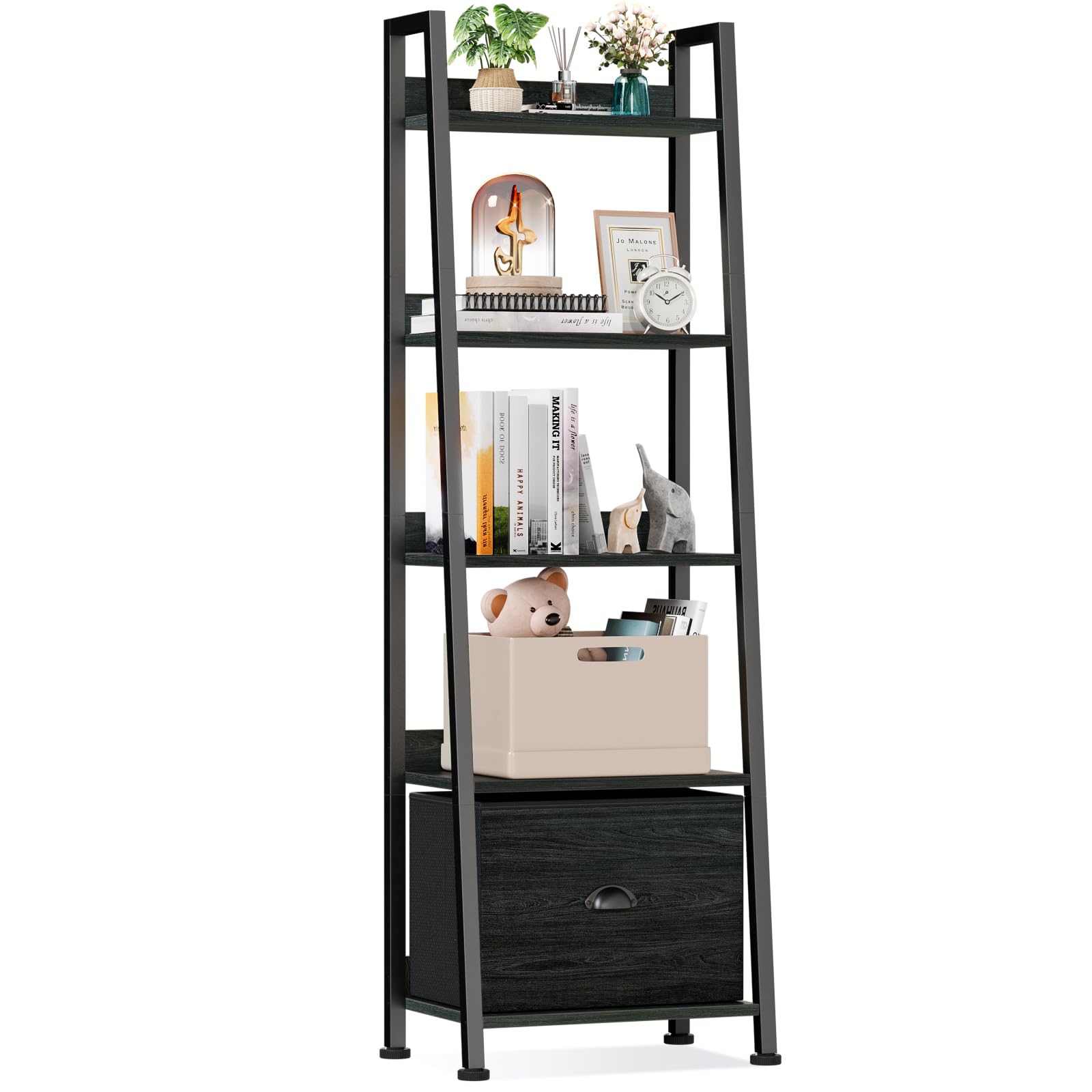 Buy Furologee 5 Tier Ladder Shelf with Drawer, Narrow Ladder Bookshelf