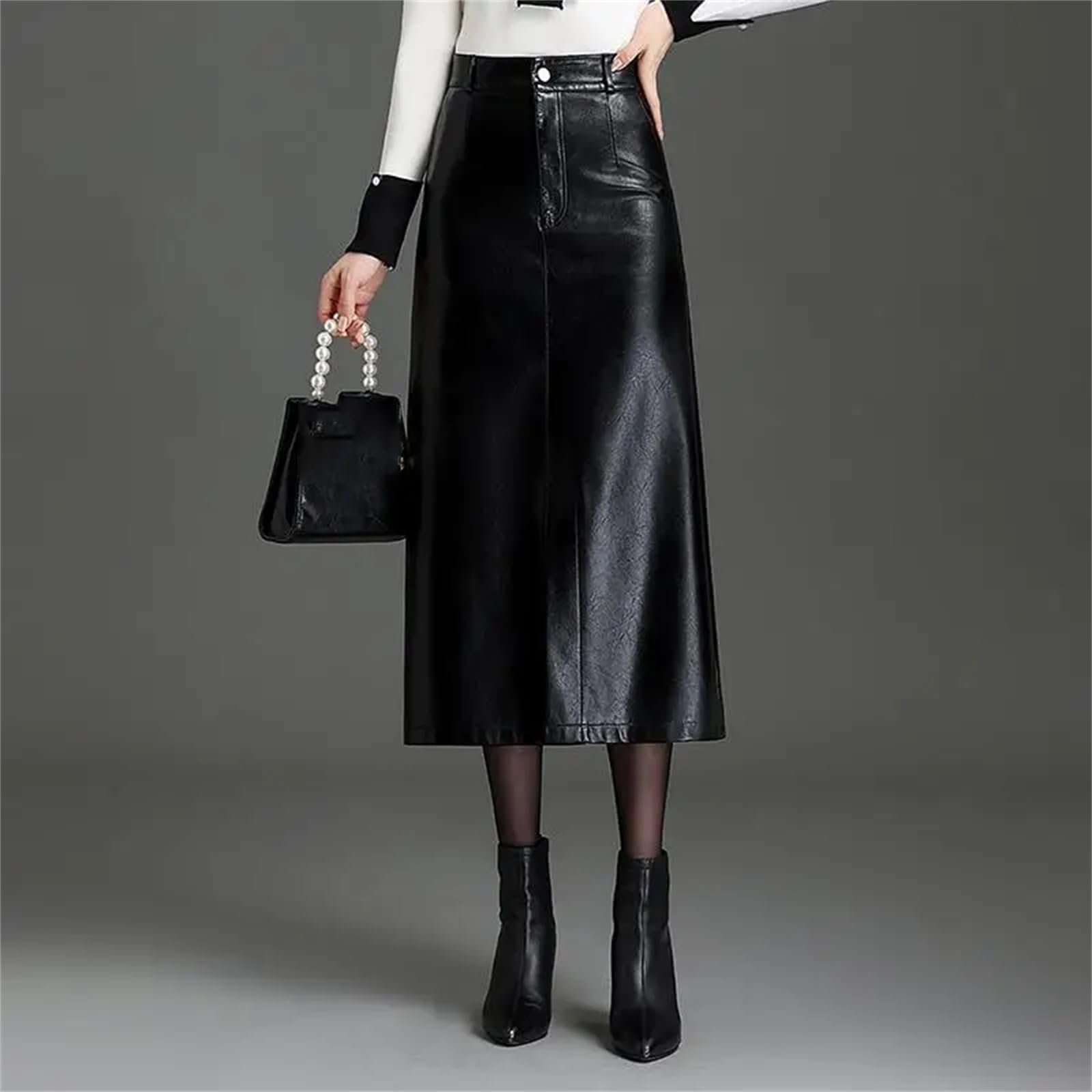 Falda de piel sintética para mujer, cintura alta, dividida, corte ajustado, casual, falda larga