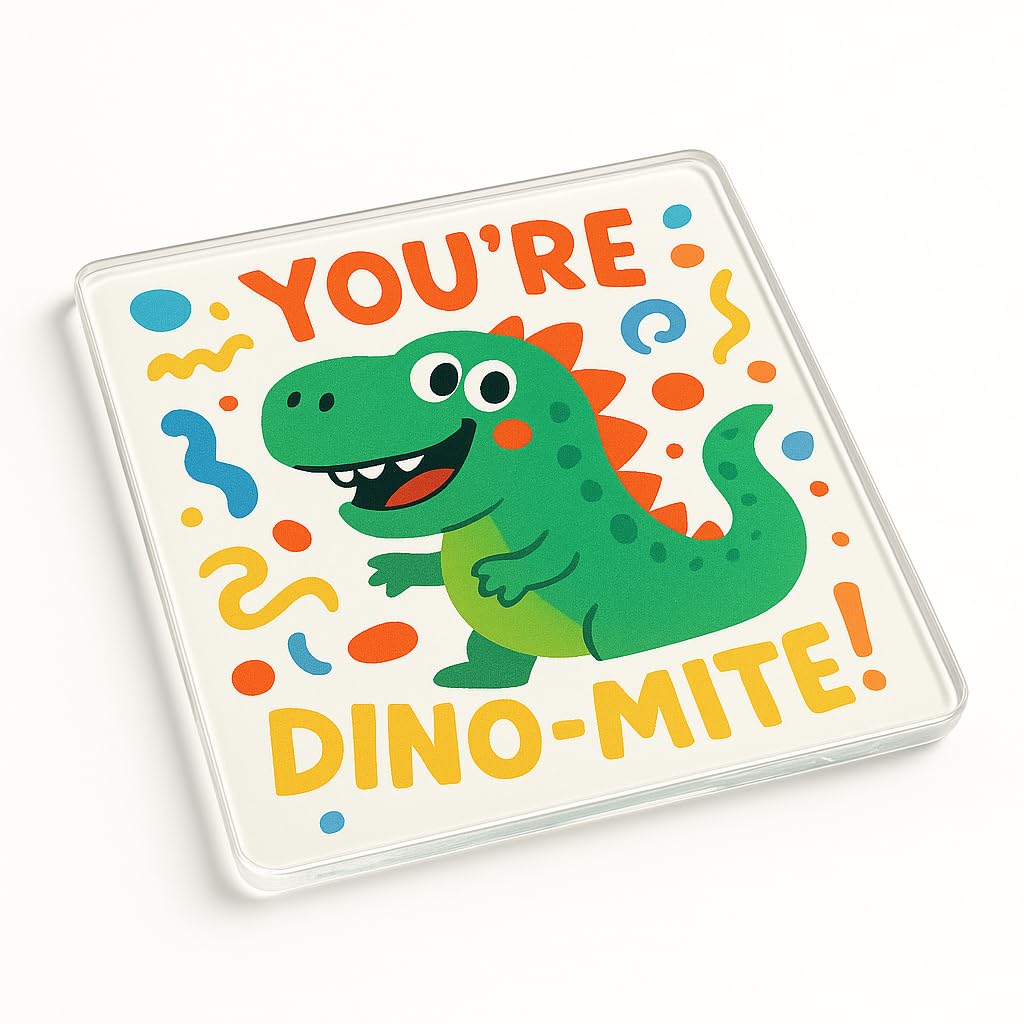 The Plum Penguin Dino Doodle Joy Acrylic Coaster Gift - Design, 10Cm Cartoon Dinosaur With Cheerful Illustration, Unique Desk Accessory Present