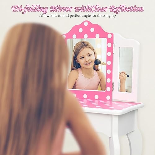 Miniatura 2 de LEZASTAR Juego de tocador para niños con espejo de 4 a 9 años con cajones, juego de tocador para niñas pequeñas con espejo y taburete para