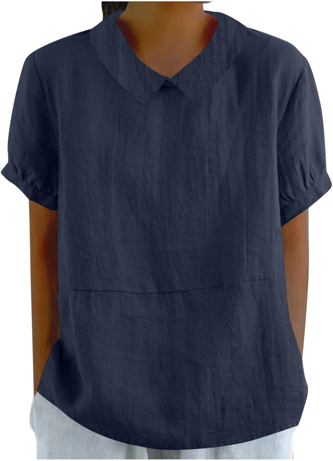 Peter Pan Collar Shirts for Women Short Sleeve Cotton Linen Blouse Summer Casual Plain Tunic Tops Teen Girls T Shirts
