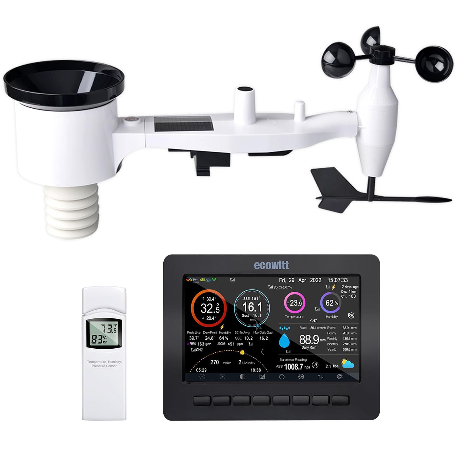 ECOWITT HP2551 Estación Meteorológica WiFi, con Gran Pantalla TFT Inalámbrica a Color de 7 Pulgadas para Interior + Sensor 7 en 1 para Exterior WS69 con Alimentación Solar, Previsión Meteorológica