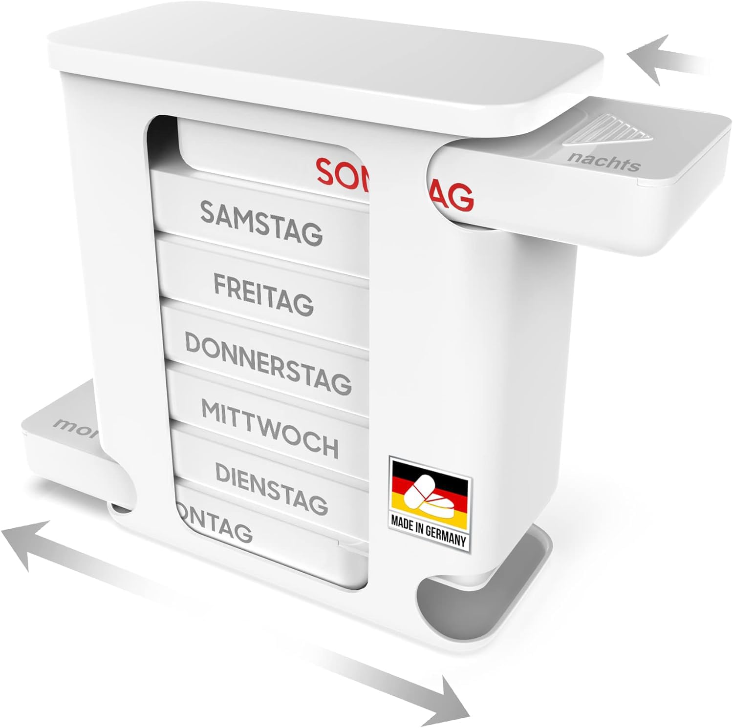 Portapillole 7 giorni con 4 scomparti – Prodotto in Germania – Compresse, Torre di pillole, pillole, dosatore per medicinali, scatola per la conservazione di compresse