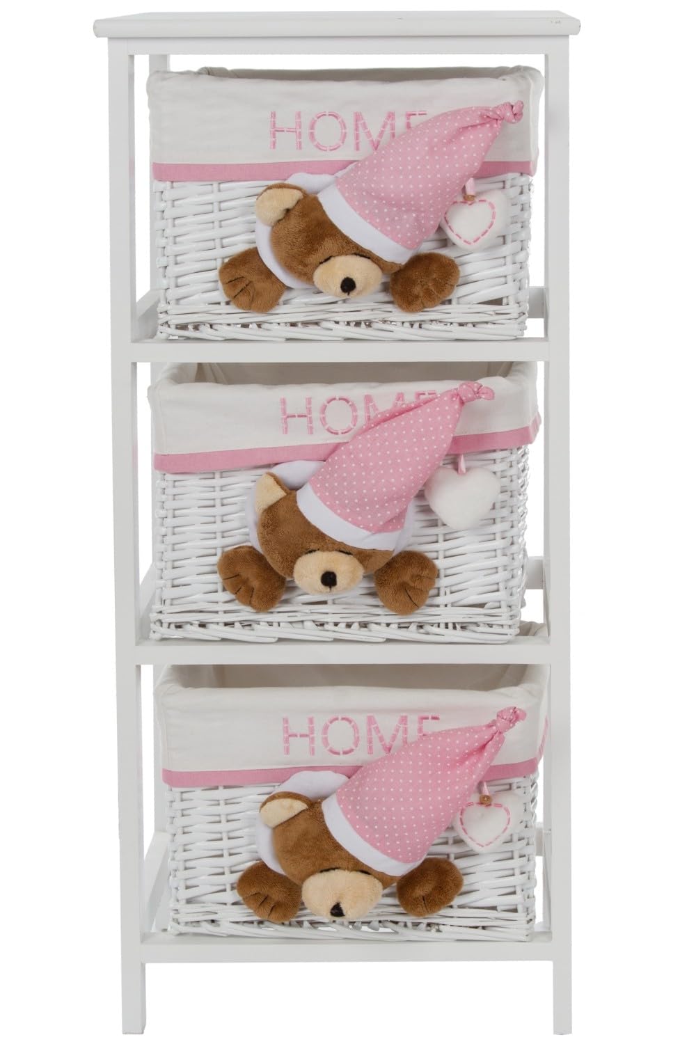 Kommode Sleepy Bear, Weiß/Pink, mit 3 Körben, Schubladenorganizer für Kleidung, Mehrfarbig, einzigartig