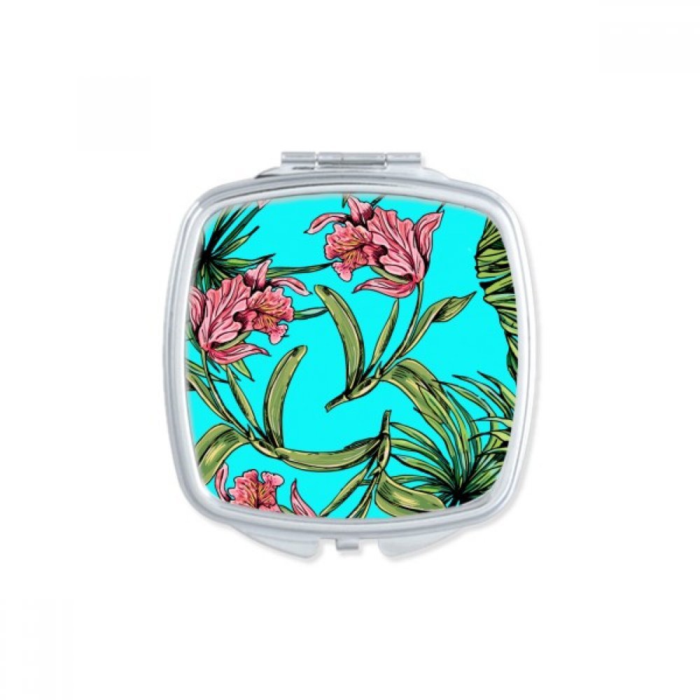 Miroir de poche avec motif multicolore feuille fleur bleu et structure carrée blanche
