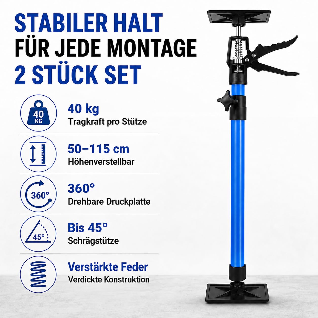 Deckenstütze 2 Stück 50 115 cm, Montagestütze Höhenverstellbar mit 40 kg Tragkraft, Zargenspanner mit 360 Grad Druckplatte für Schrankmontage, Türzargen, Trockenbau und Heimwerker