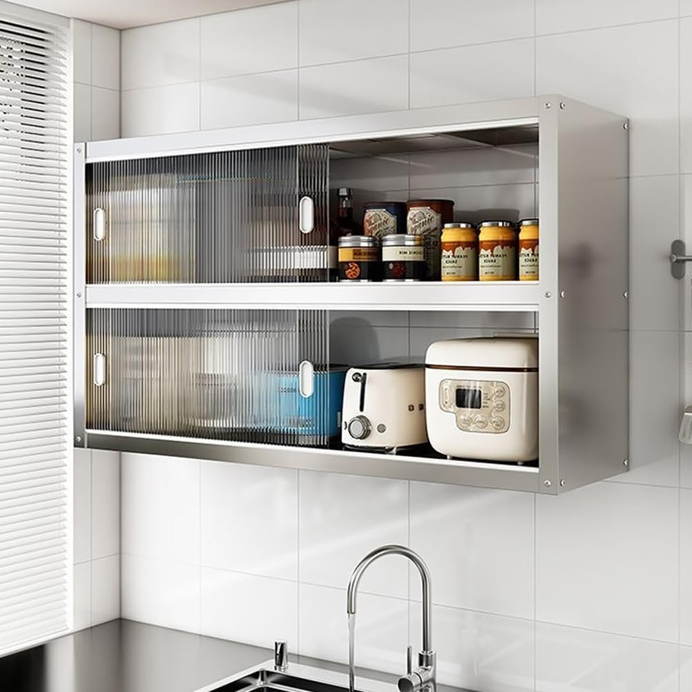 WYRNOBRX 36" Gabinetes Para Cocina with Sliding Doors Stainless Steel Wall-Mounted Kitchen Cabinets Floating Wall Cabinet Overhead Storage Cabinet for Home Bathroom Garage,Silver,L120*H70*W30