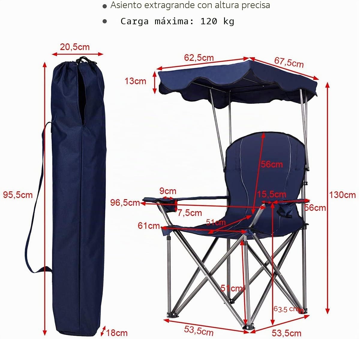 RELAX4LIFE Silla Plegable Camping con Toldo para Pesca y Marco de Acero, Silla de Playa de Tela Oxford con Soporte para Bebidas y Bolsa de Transporte para Excursión y Camping, Carga 120kg (Azul)