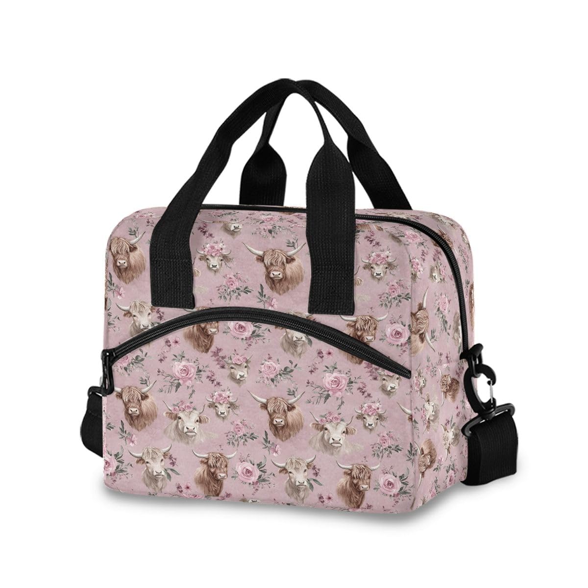 Lunch Bag for Kids Highland Cow Rose Pattern Cooler Lunch Box Large Capacity Organizer for Boys Girls