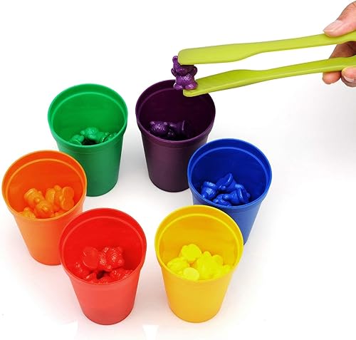 Miniatura 6 de Legato - Osos para contar/clasificar; 60 osos de colores arcoíris, 6 tazas apilables, pinzas para niños, contenedor de almacenamiento y libro