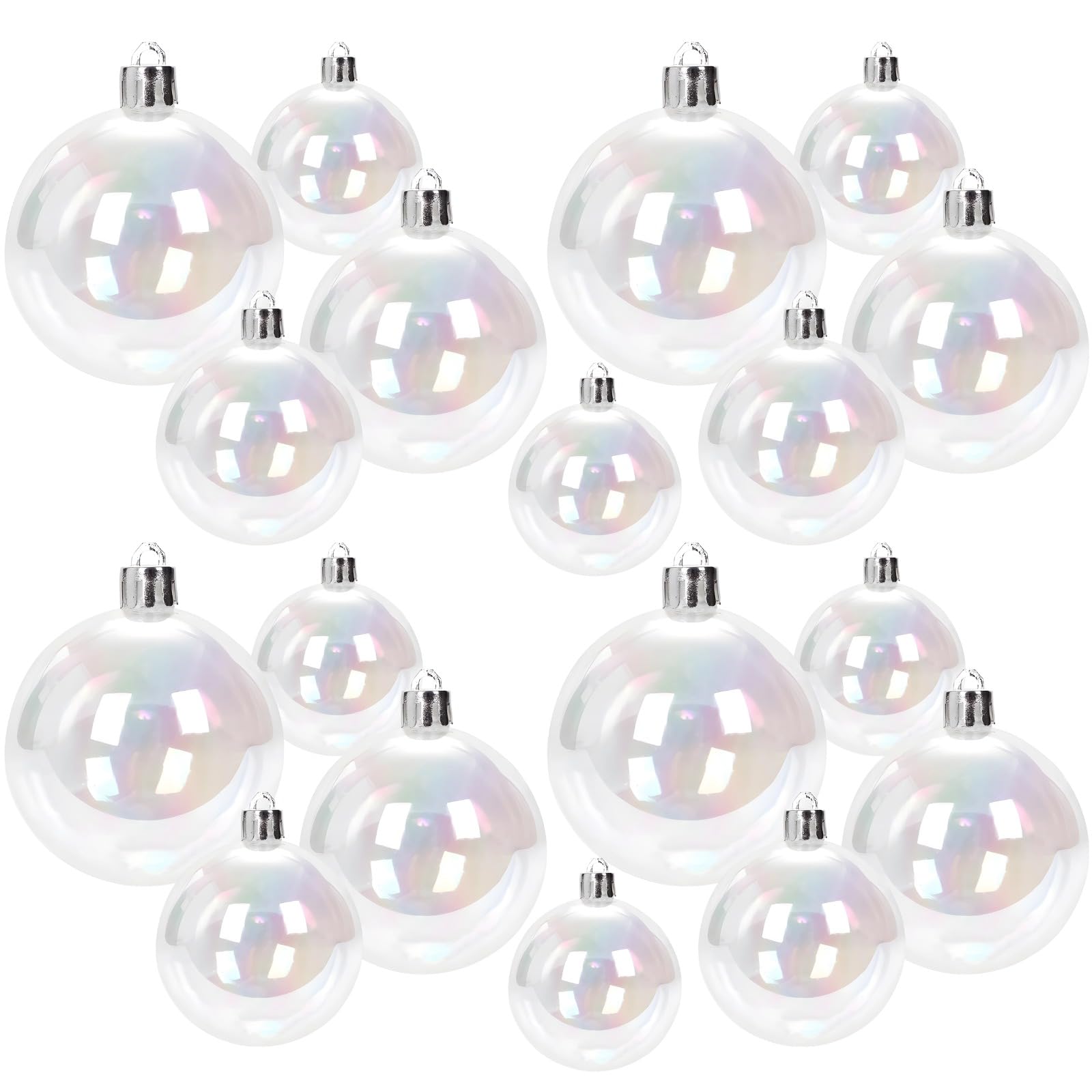 18 STK Christbaumkugeln, irisierende Ball-Ornamente aus transparentem Kunststoff in Regenbogenoptik, bruchsicher, 4 Größen, zum Aufhängen für Weihnachtsdeko