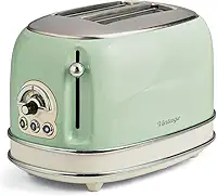Ariete Torradeira 155 estilo vintage 750 Watt 2 fatias com bagel de degelo e reaquecimento, laterais de toque legais, pés antiderrapantes, 6 níveis de marrom, verde