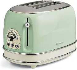Ariete Torradeira 155 estilo vintage 750 Watt 2 fatias com bagel de degelo e reaquecimento, laterais de toque legais, pés antiderrapantes, 6 níveis de marrom, verde