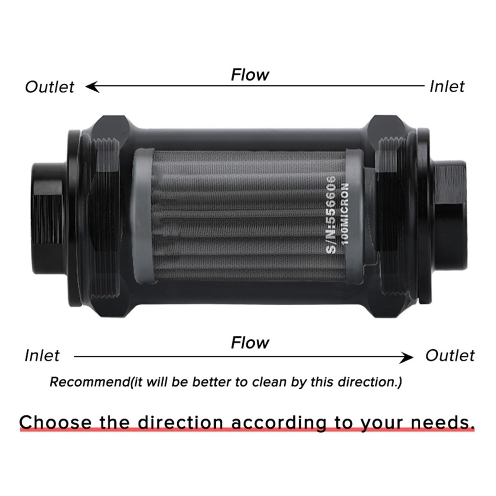 Filtro Carburante in Linea AN6 / AN8 / AN10 Nero Etanolo E85 con Elemento in Acciaio Inossidabile da 100 Micron e Adesivo (Color : Black AN10 Fitting)