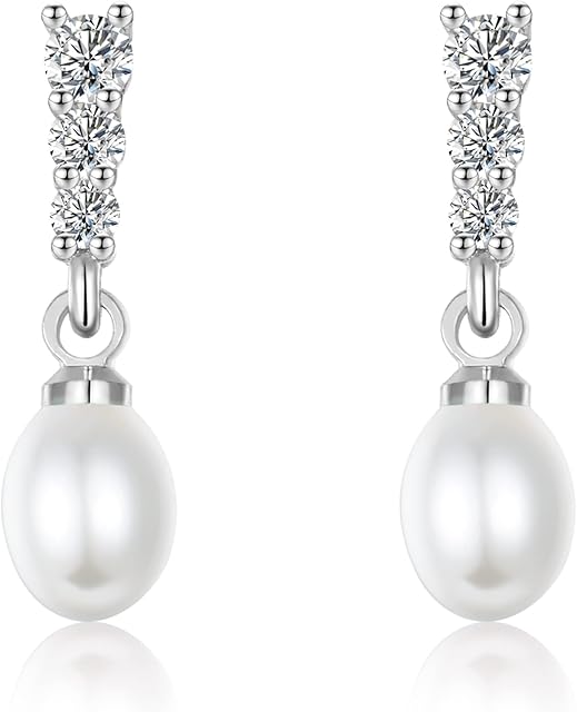 Pearl Drop Earrings for Women, Sterling Silver Pearl Dangle Earrings Hypoallergenic Teardrop Pearl Stud Earrings Jewellery Gifts for Girls, Silver / Gold