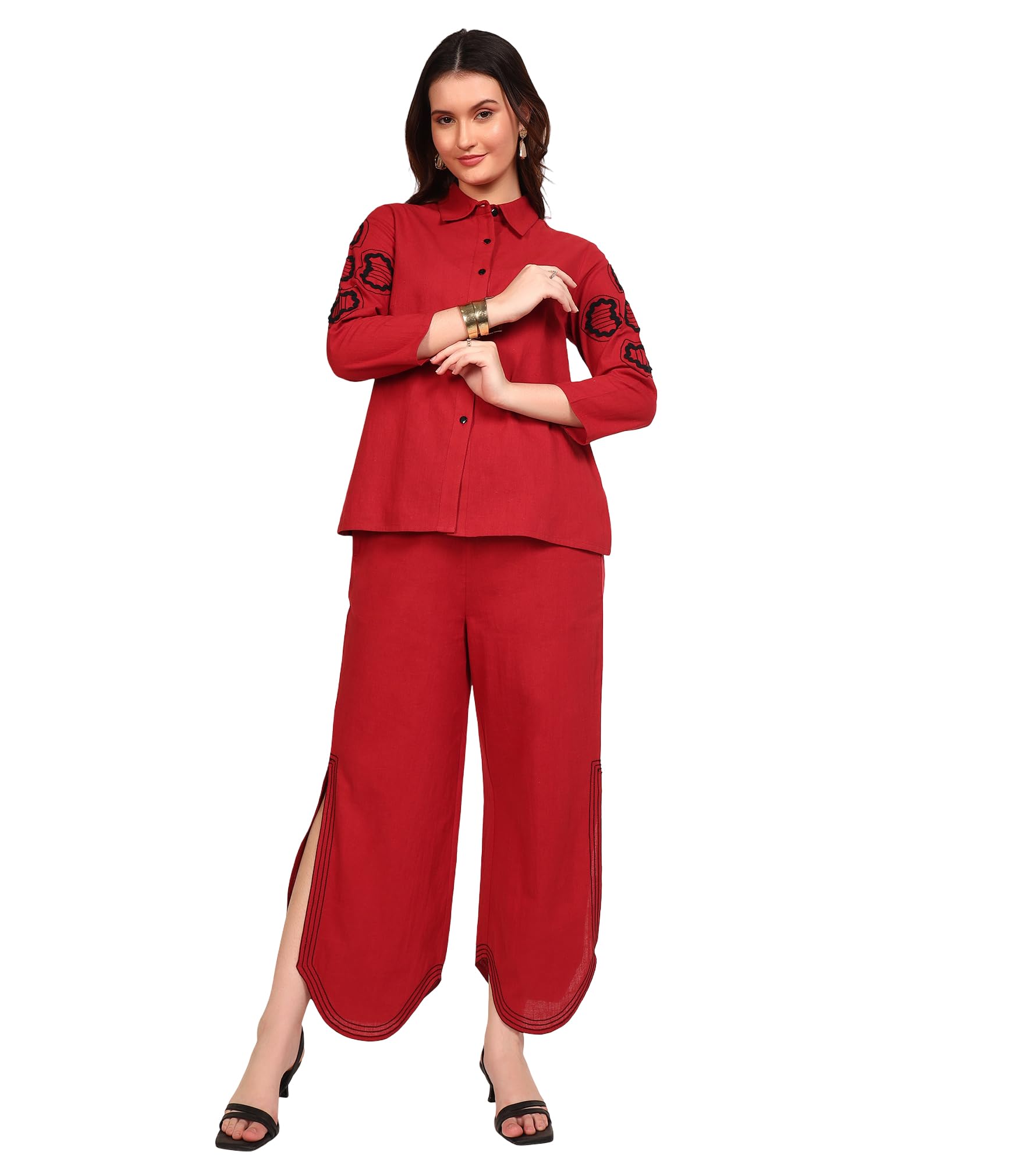 Solid Cotton Embroidered Shirt With Pants Co-Ord Set For Women's|Collar Neck 3/4 Sleeves Regular Fit Stylish Summer Western Casual Wear Ladies Trendy Cord Set