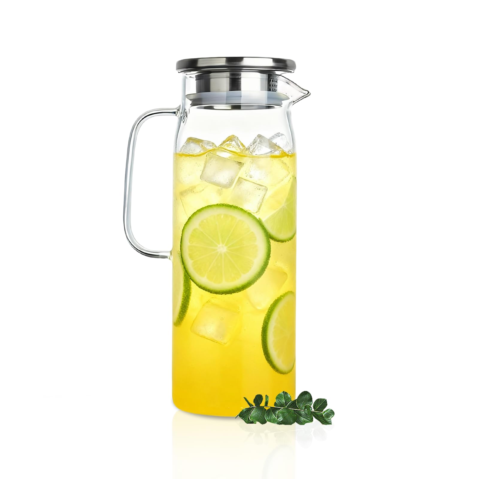 1.5L Glass Water Jug with Lid, BPA-Free Clear Pitcher Stainless Steel Filter lid and Handle, Jug Glass Pitcher for Both Cold and Hot Water Water Ice Tea Coffee Milk Sangria Cocktail Juice