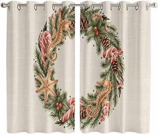 Christmas Nautical Kitchen Curtains Window Panels, Winter Coastal Pine Seahorse Starfish Insulated Window Treatment Curtain, Grommet Curtains for Bedroom/Living Room 2 Piece 52" Wx72 L