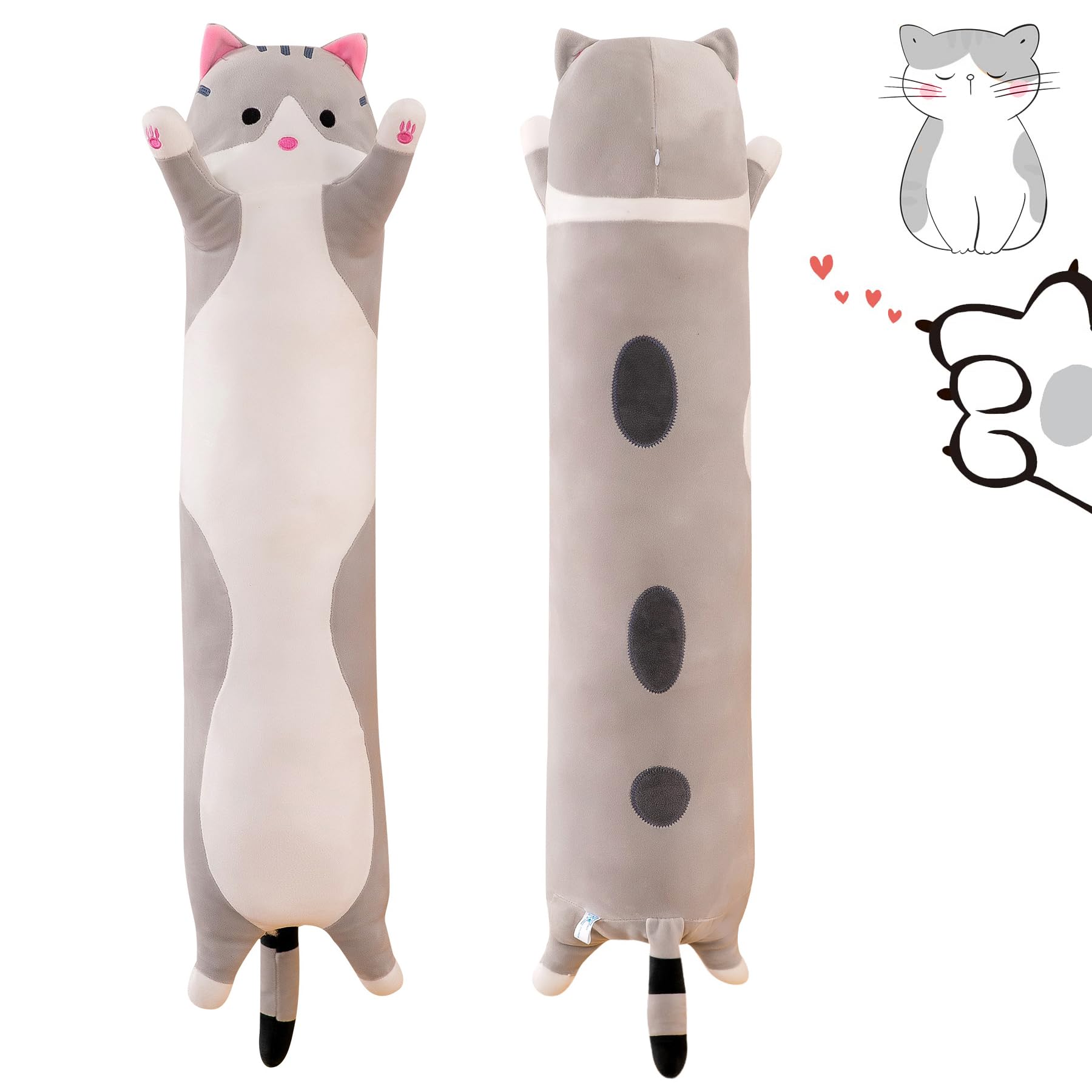 Almohada de Peluche de Gato, 90cm Kawaii Almohada Larga de Felpa, Peluche Suaves de Animal para Abrazar, Juguete de Gato de Regalo para Novia (Rosa) - Gris