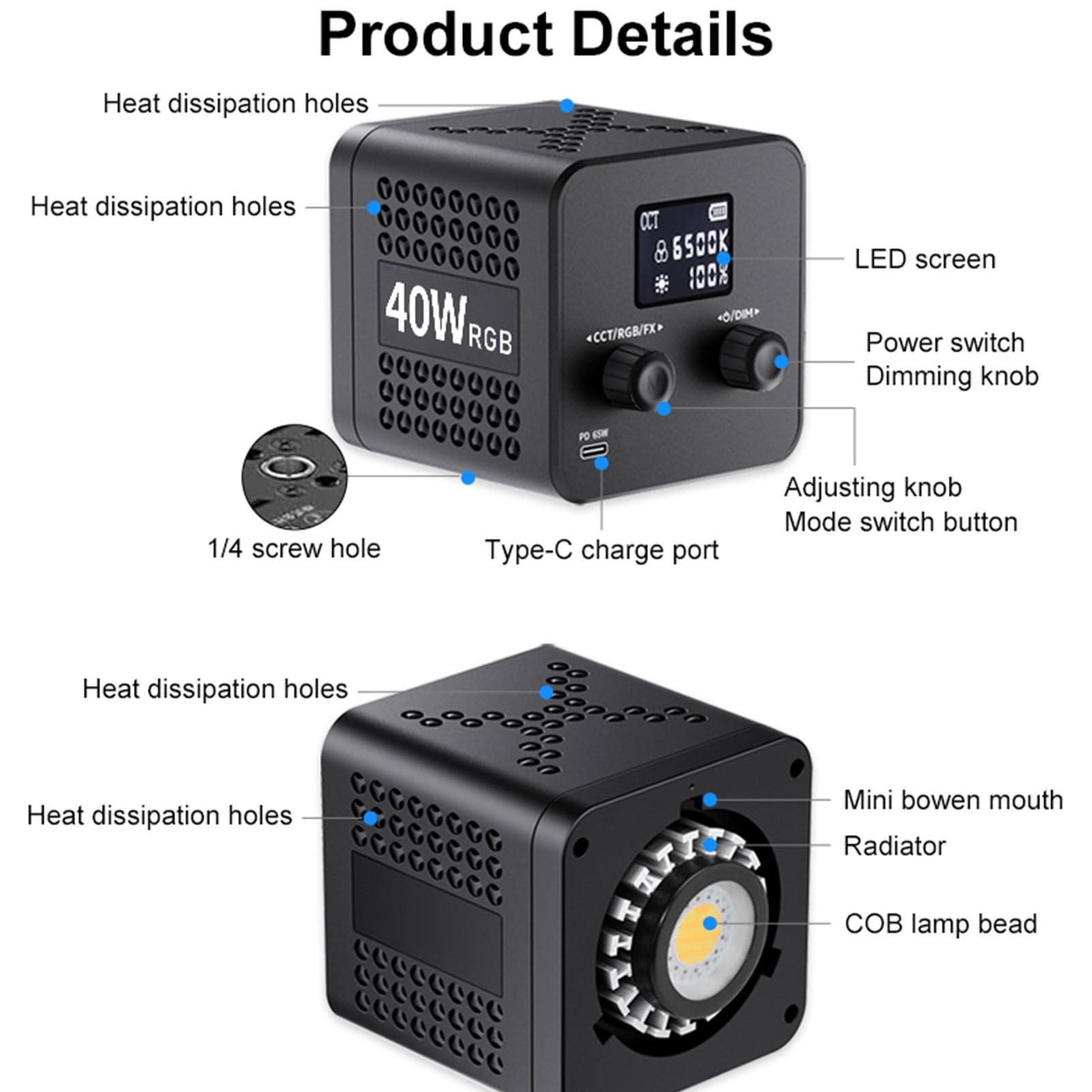 Cryfokt Luz de Video RGB, Iluminación Portátil 2500K-6500K