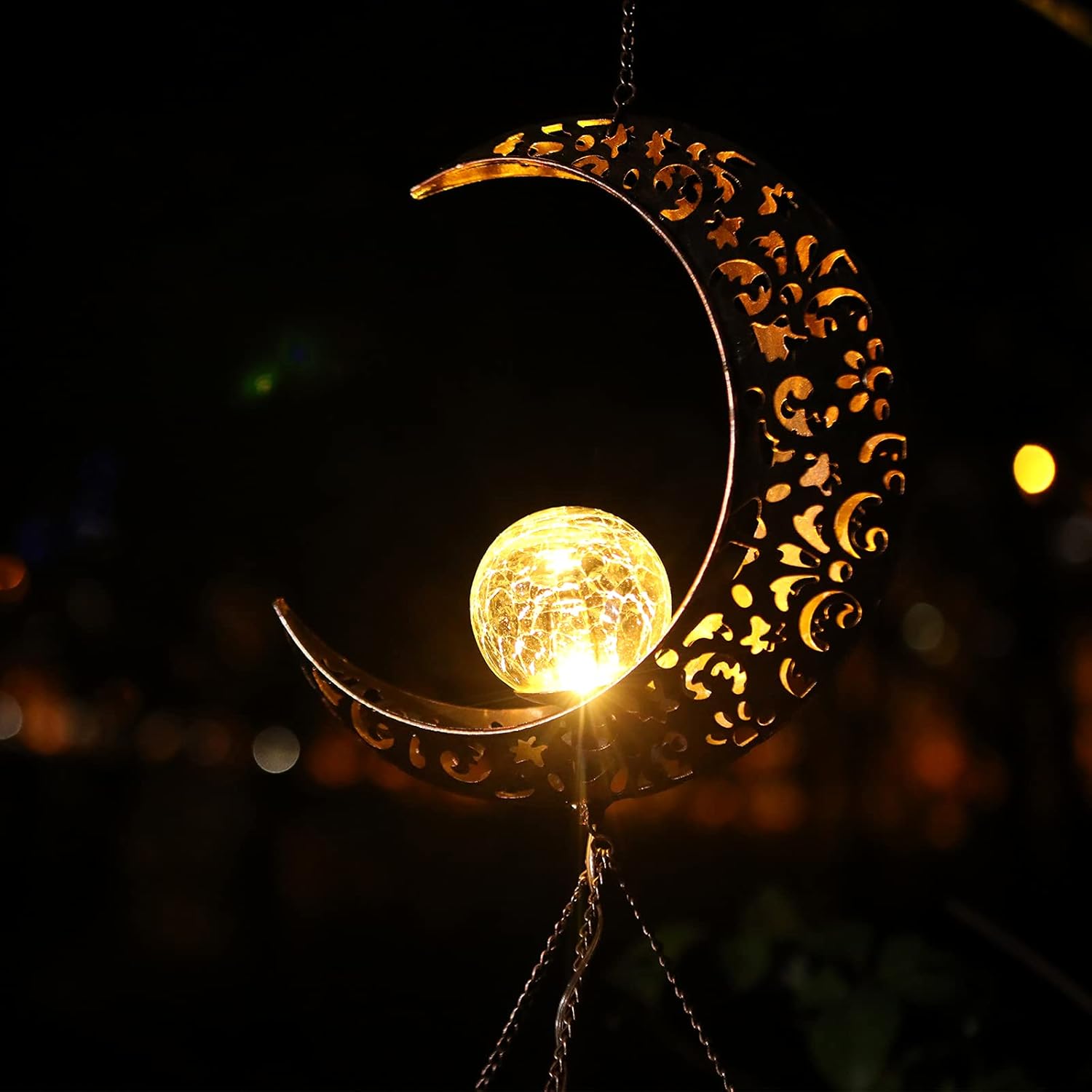 Solar Moon Crackle Glass Ball Wind Chimes with Metal Tubes