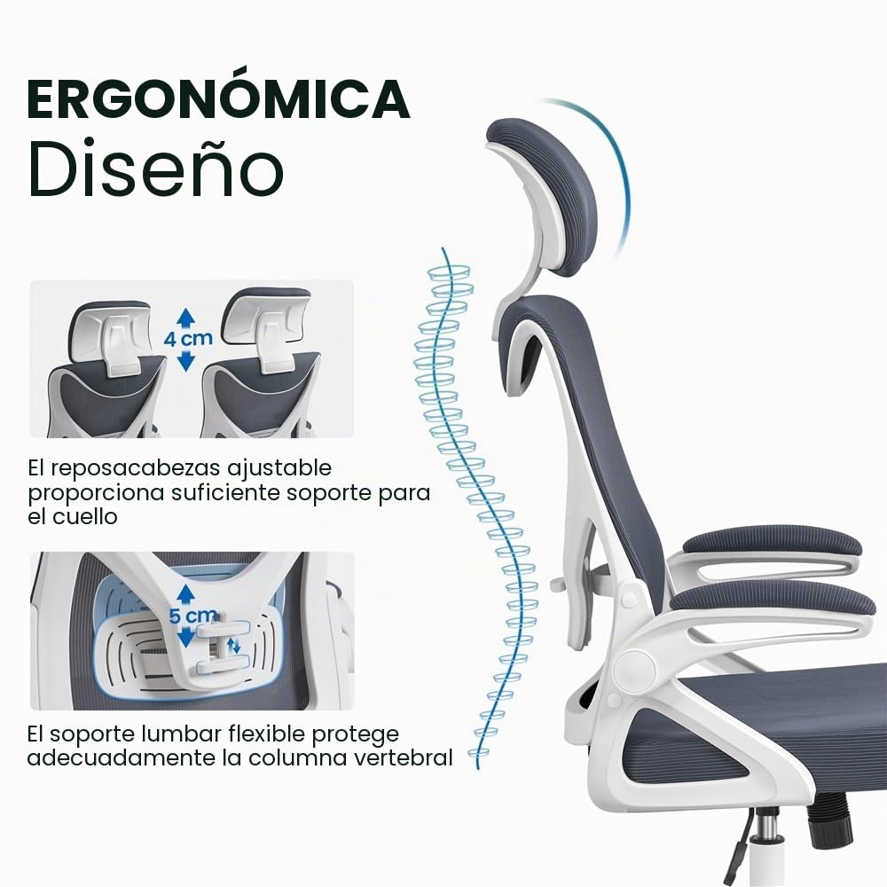 Yaheetech Silla de Oficina Ergonomica con Soporte Lumbar Blanco Gris | Reposabrazo Reposacabeza Ajustable, Base Giratoria de 70 cm, Malla Transpirable, Capacidad Max 150KG