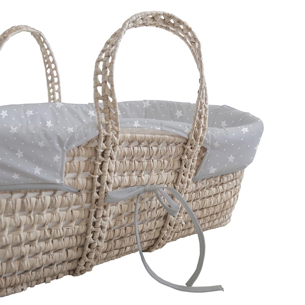 Tanuki Moisés de Mimbre Natural para Bebé con Base de Madera - Hecho a Mano - Colchón Incluido - Estilo nórdico Stars&Dots Gris