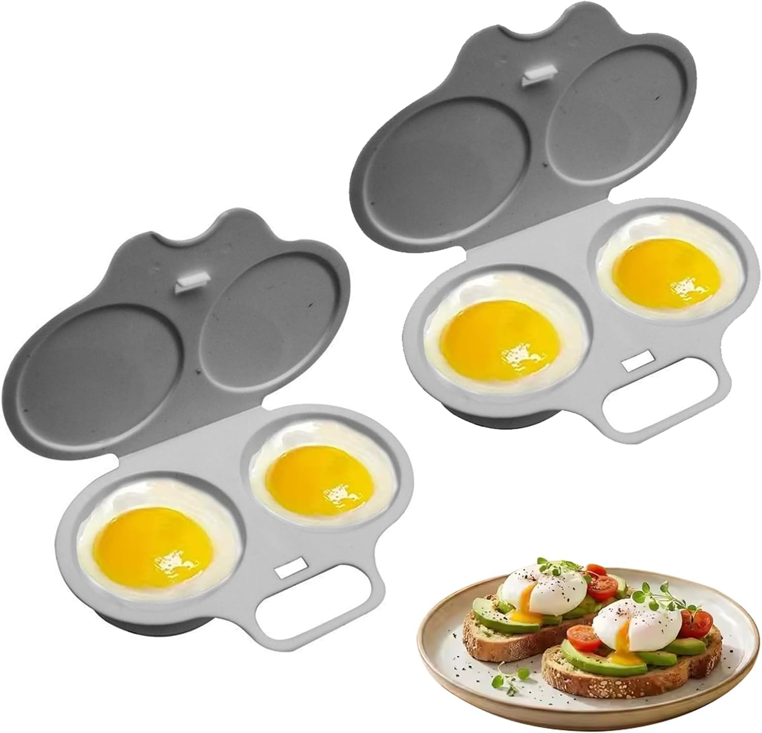 2PCS Microwave Egg Poacher with Lid and Handle, 2 Cavity Nonstick (Grey)