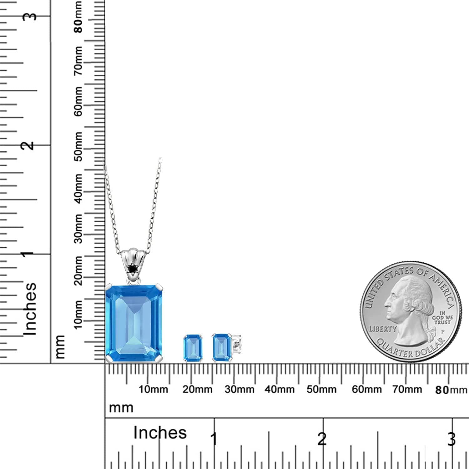 925 Sterling Silver Swiss Blue Topaz and Black Diamond Pendant and Earrings Jewelry Set For Women (17.43 Cttw, Gemstone November Birthstone, Emerald Cut 18X13MM and 6X4MM, with 18 Inch Chain) - Image 2
