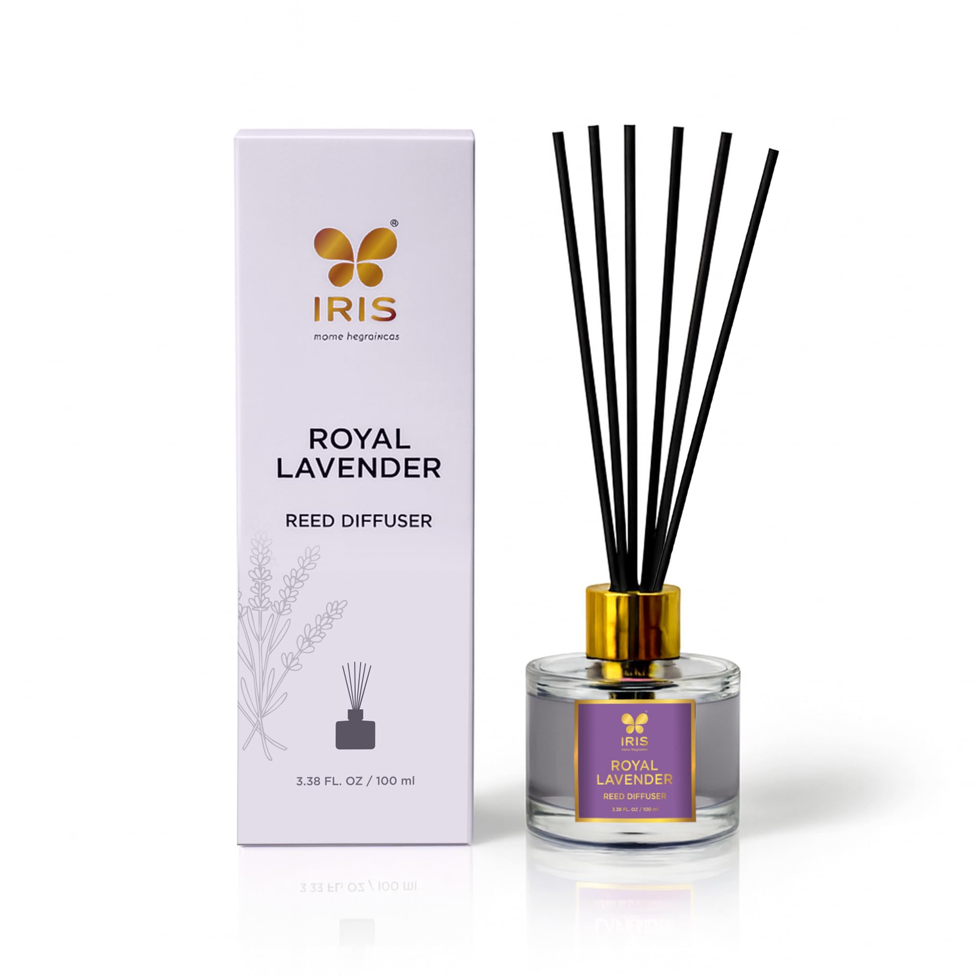 IRIS Aroma Reed Diffuser – 100ml | Elegant Home Fragrance with 6 Fiber Reeds, Glass Round Bottle with Gold Cap | Aroma Diffuser for Cozy Décor & Gifting (Royal Lavender)
