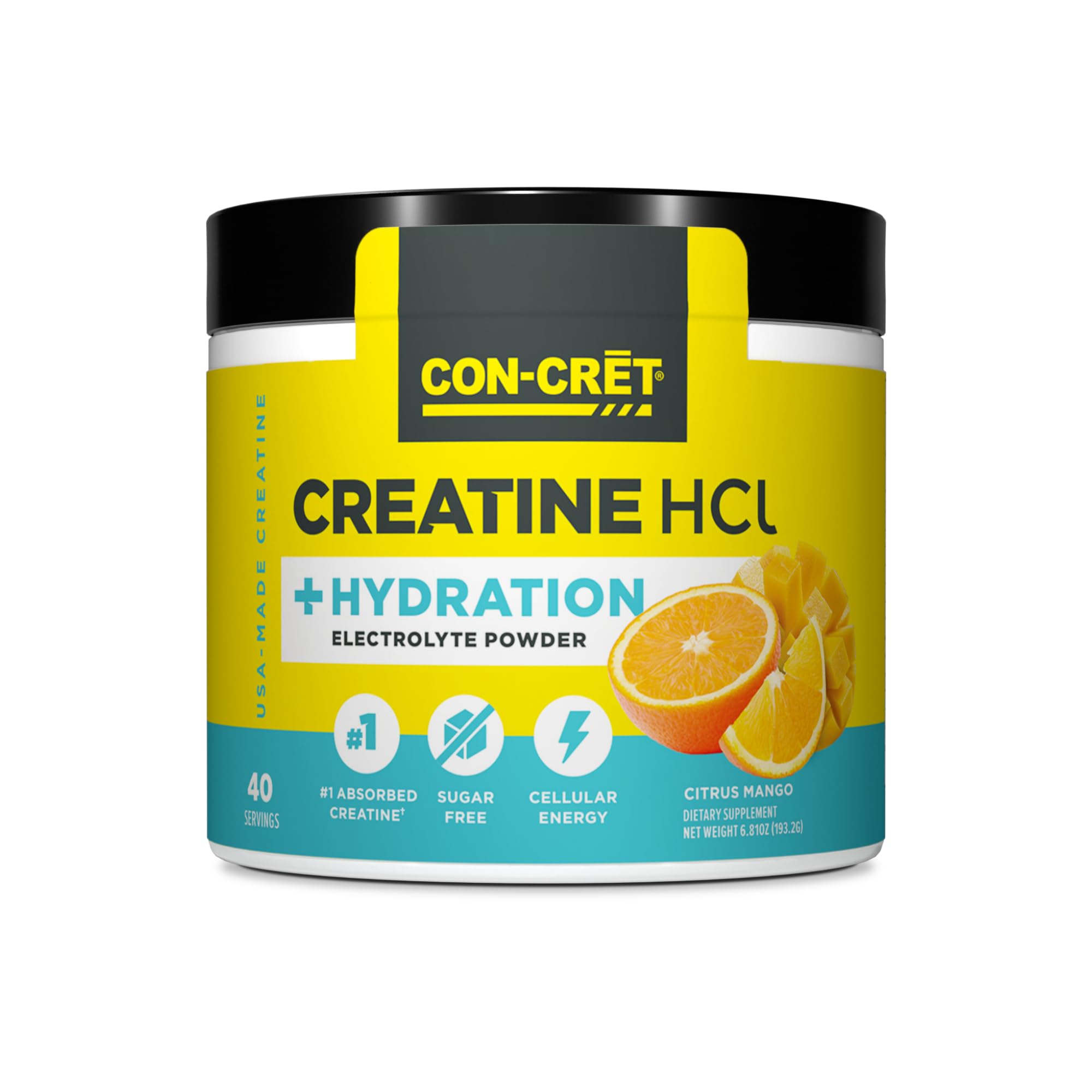 CON-CR?T® Creatine HCl + Hydration | Electrolyte Powder Tub | Citrus Mango | Sugar Free Electrolytes | Rehydration Formula w Potassium, Sodium, Zinc, Magnesium to Hydrate & Recover (40 serv)