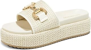 Coutgo Womens Platform Sandals Raffia Espadrilles Metal Chain Slip on Open Toe Cute Beach Slide Sandals