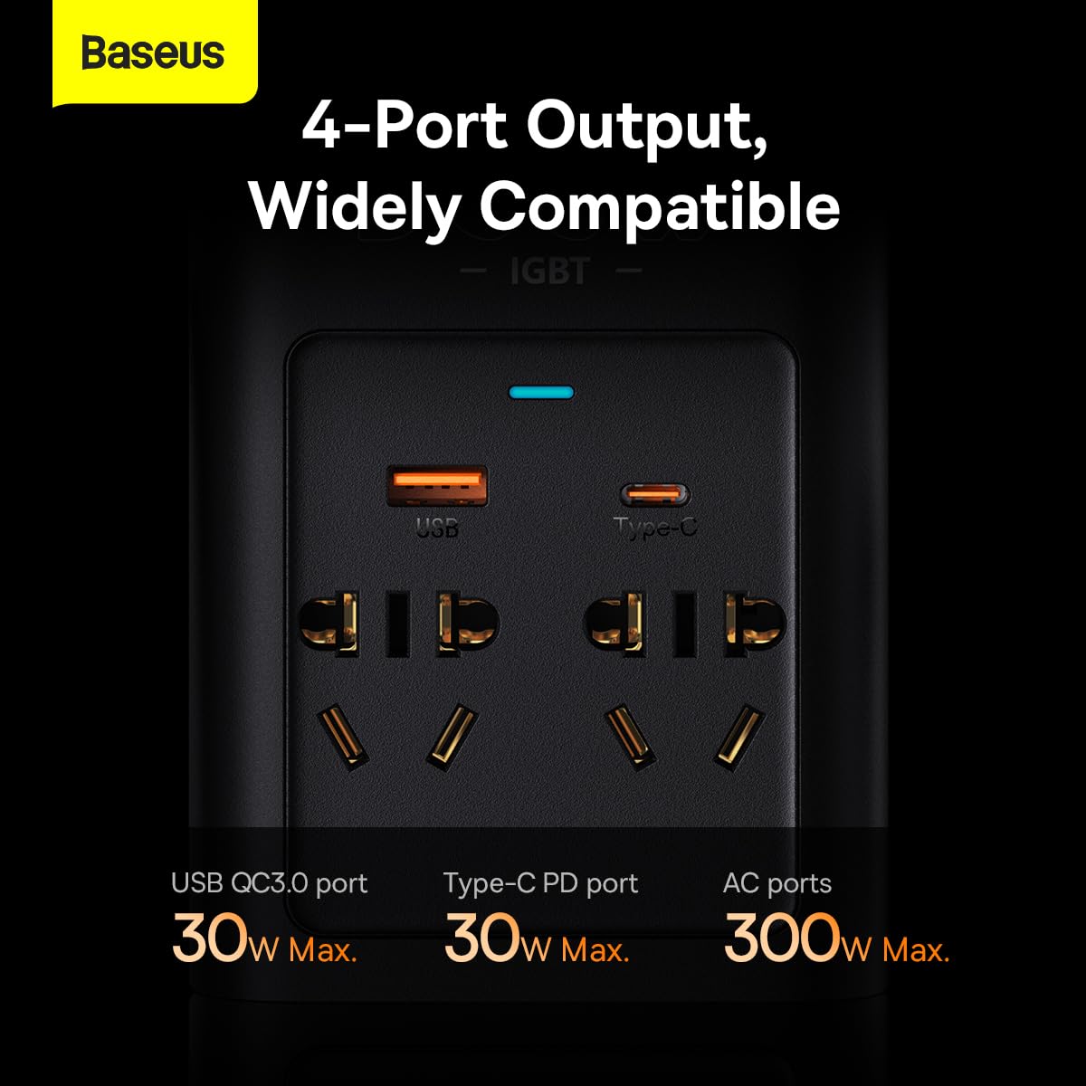 Baseus Inwerter samochodowy IGBT 300 W/220 V (C+U + podwójna wtyczka UE) z kablami zaciskowymi 12 V (0,40 m) i kablem gniazda zapalniczki (0,60 m), czarny (CGNB010101)
