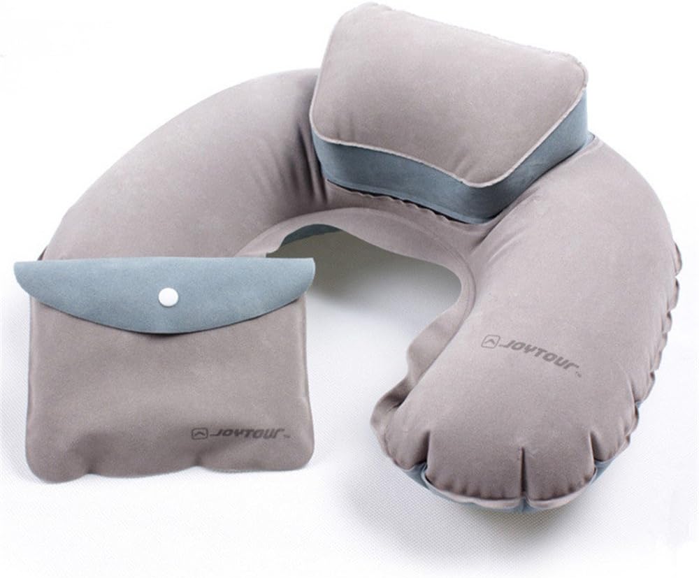 Joytour Soft Flocking Quick Inflation Travel Neck Pillow - Shoulder Support for Airplan, Bus, Train, Car or Home Use with a Portable Pocket (Plain Grey)