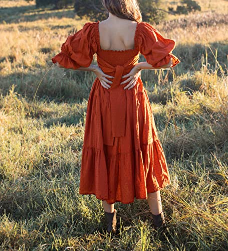 R.vivimos Women's Summer Cotton Polka Dots Puff Sleeves Bow Casual Off-Shoulder Boho Midi Dress (Small, Rustbrown) #TOP5