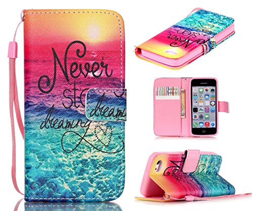 5c Case, iPhone 5c Case, ArtMine Never Stop Dreaming Saying PU Leather Flip Folio Style Wristlet Wallet Pouch Phone Case with Wrist Strap & Credit/ID Card Cash Slot for Apple iPhone 5c