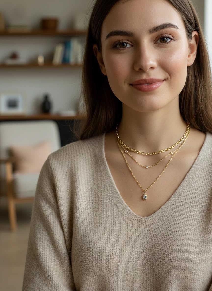 Sparkling Diamond Pendant Gold Necklace | Exquisite And Simple Stacking Necklace For Women.Three-layered Necklace with Perfect For Everyday Wear - Image 7