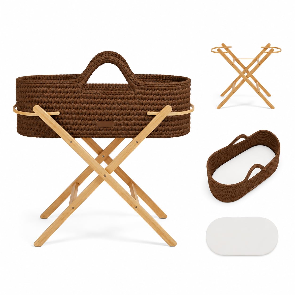 Ickle Bubba Panier Moïse et Support Pliable Nova Crochet - Convient dès la Naissance jusqu'à 9 kg, Compact et léger, Comprend Un Matelas Moelleux, idéal pour Les Siestes à la Maison (Moka/Pin)