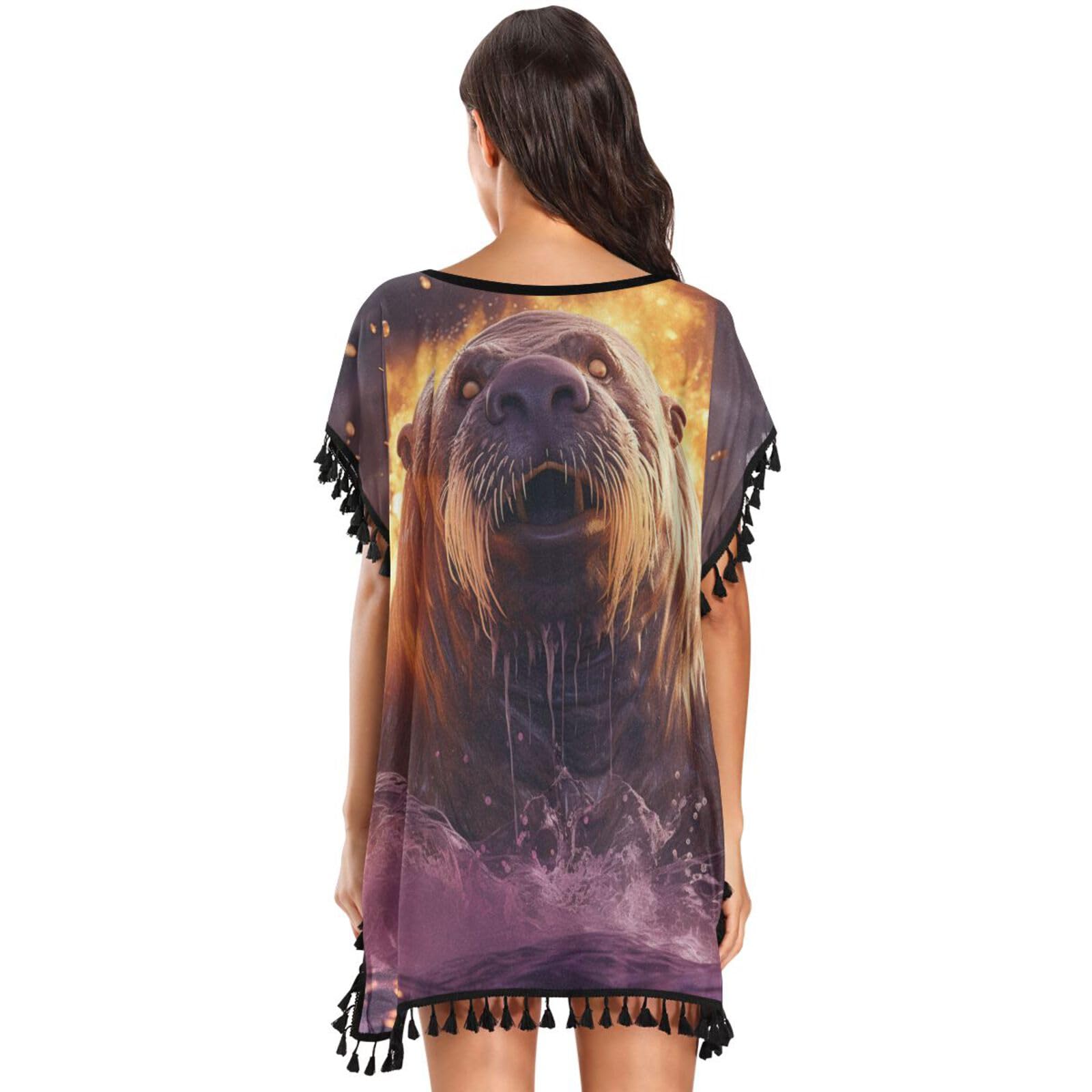 Angry Animal Walrus Women's Beach Cover Up Chiffon Tassel Swimwear Swimsuit Coverups for Girl
