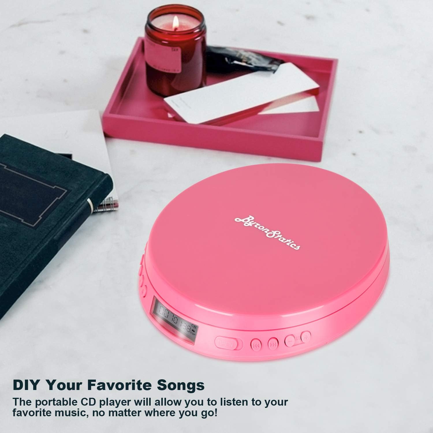 ByronStatics Portable CD Player, Personal Compact Disc Player with Headphone Jack, Anti-Skip/Shock Small Music CD Walkman with Large LCD Display, for Adults Students Kids Home Travel Car Pink