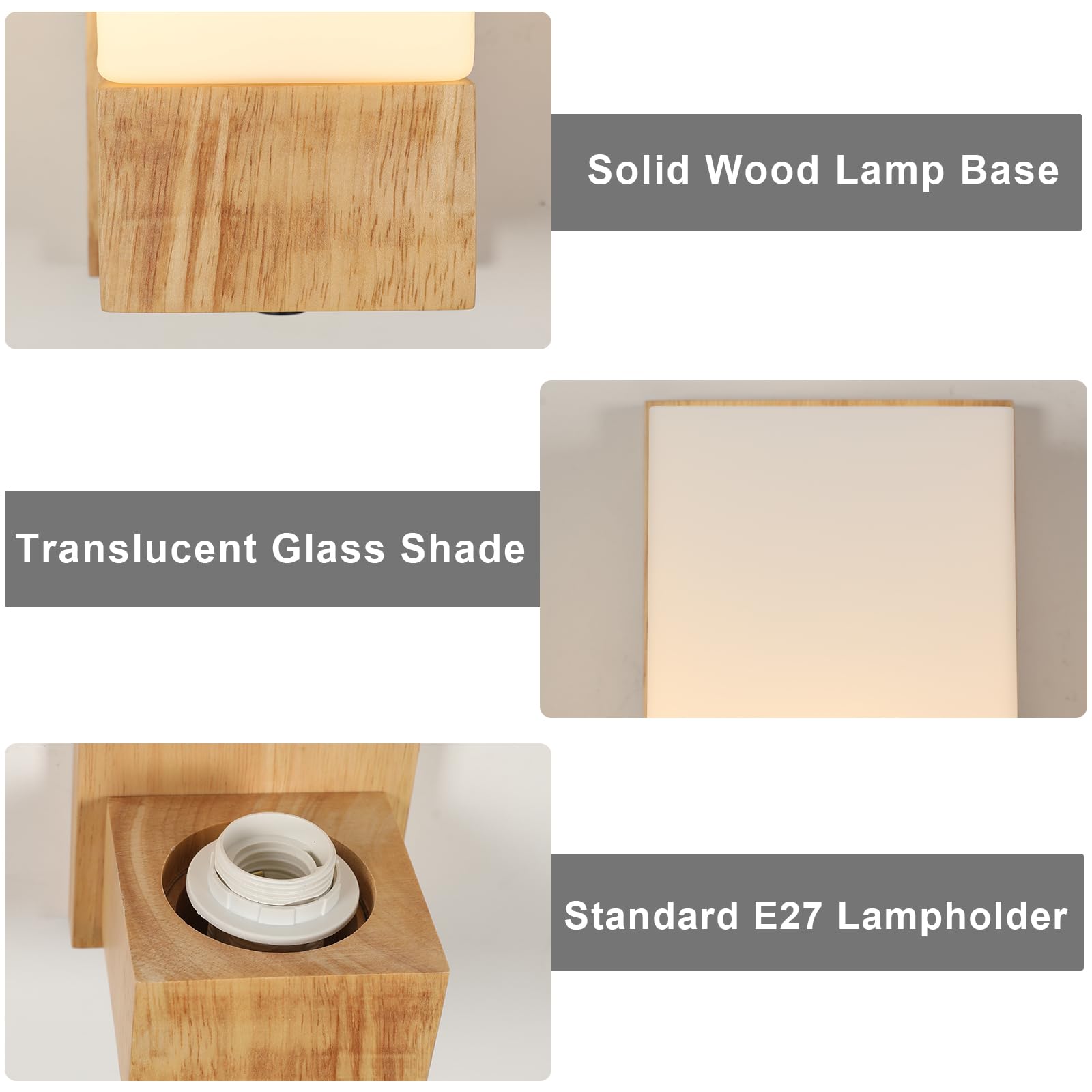 Comely Wandleuchte Innen Holz, Vintage E27 Wandlampe Innen mit Glas Lampenschirm, Wandstrahler Retro Wand Lampen für Schlafzimmer, Flur, Esszimmer, Wohnzimmer
