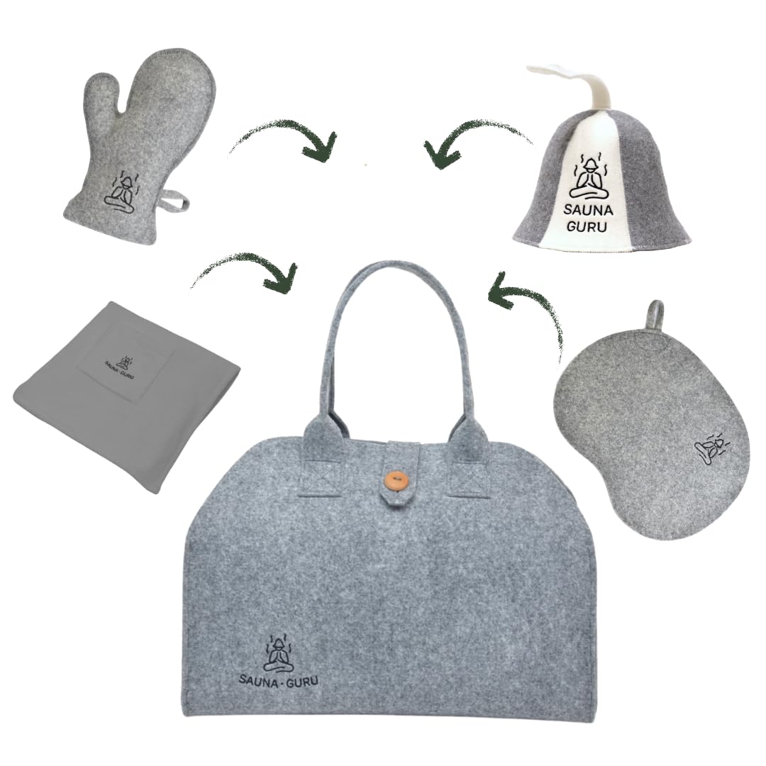 Sauna-Zubehör-Set – Woll-Banja-Hut, Kilt-Handtuch, Aufbewahrungstasche, Filzhandschuh & Sitzkissen – Für finnische, russische, Dampf-, Trocken- & Außensaunen – Wellness-Geschenkset – Für Männer