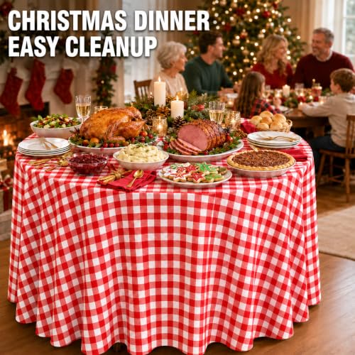 Image of WNINK 2 Pack Red Gingham Round Tablecloth, 84 Inch Disposable Plastic Table Covers, Red Checkered Round Table Cover for Birthday Parties, Holiday, Picnic, BBQ, Family Gathering Party Supplies