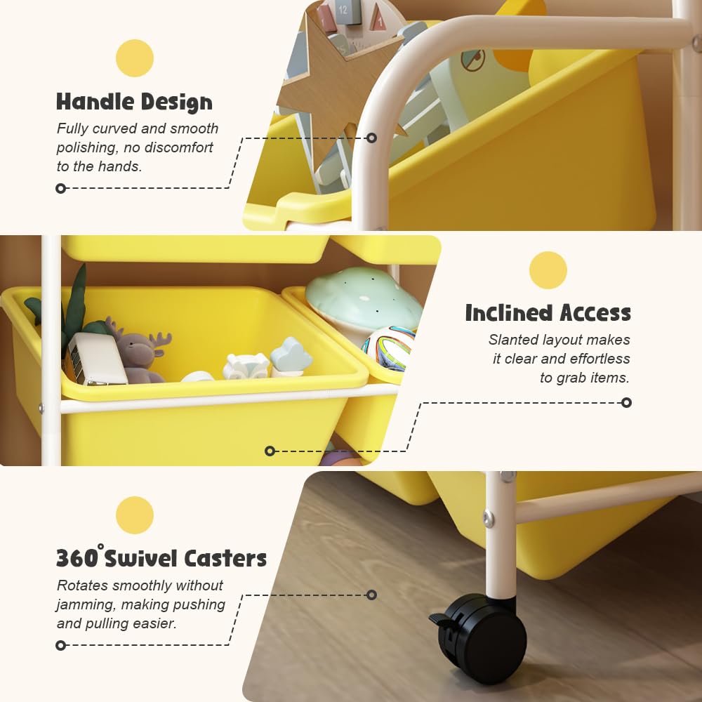 Organizador de Juguetes Infantil con Ruedas, 8 Cajas Amarillas Extraíbles, 4 Niveles, 63x28.5x122.5cm, Diseño de Orejas de Oso, Almacenamiento para Habitación Infantil (4 Tier)