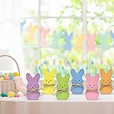 Easter Bunny Decorations Indoor for Home Table,6 PCS Spring Wooden Peeps Centerpiece Signs Decor with Hemp Rope for Office Tiered Tray,Easter Basket Stuffers Wood Gifts Stuff for Mantel Shelf Bathroom