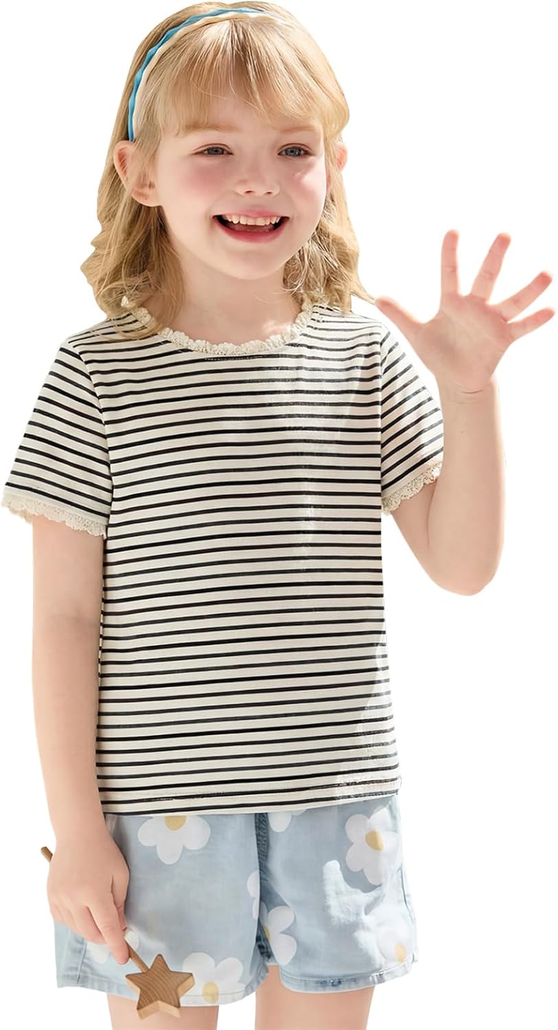 Haloumoning Toddler Baby Girls Striped Short Sleeve T-Shirts Kids Ribbed Knit Ruffle Trim Tops Tees Blouse 9M-8Y